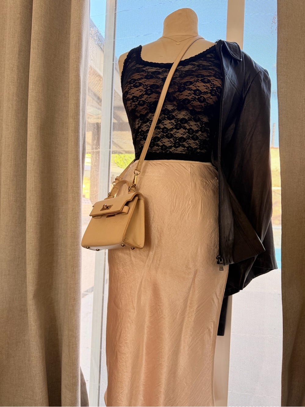 Aritzia Cream Satin Midi Slip Skirt